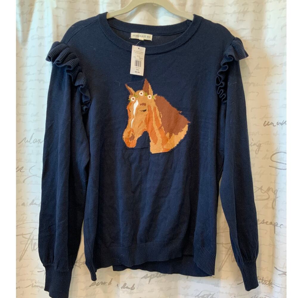 NWT Margaux Lexi Horse Embroidered Ruffle Sweatshirt XXL - Picture 2 of 4